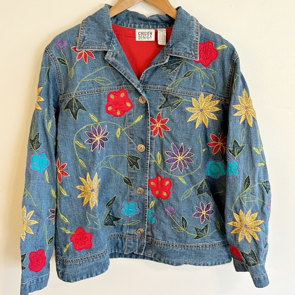 Vintage Chico’s Floral Embroidered Denim Jean Jacket